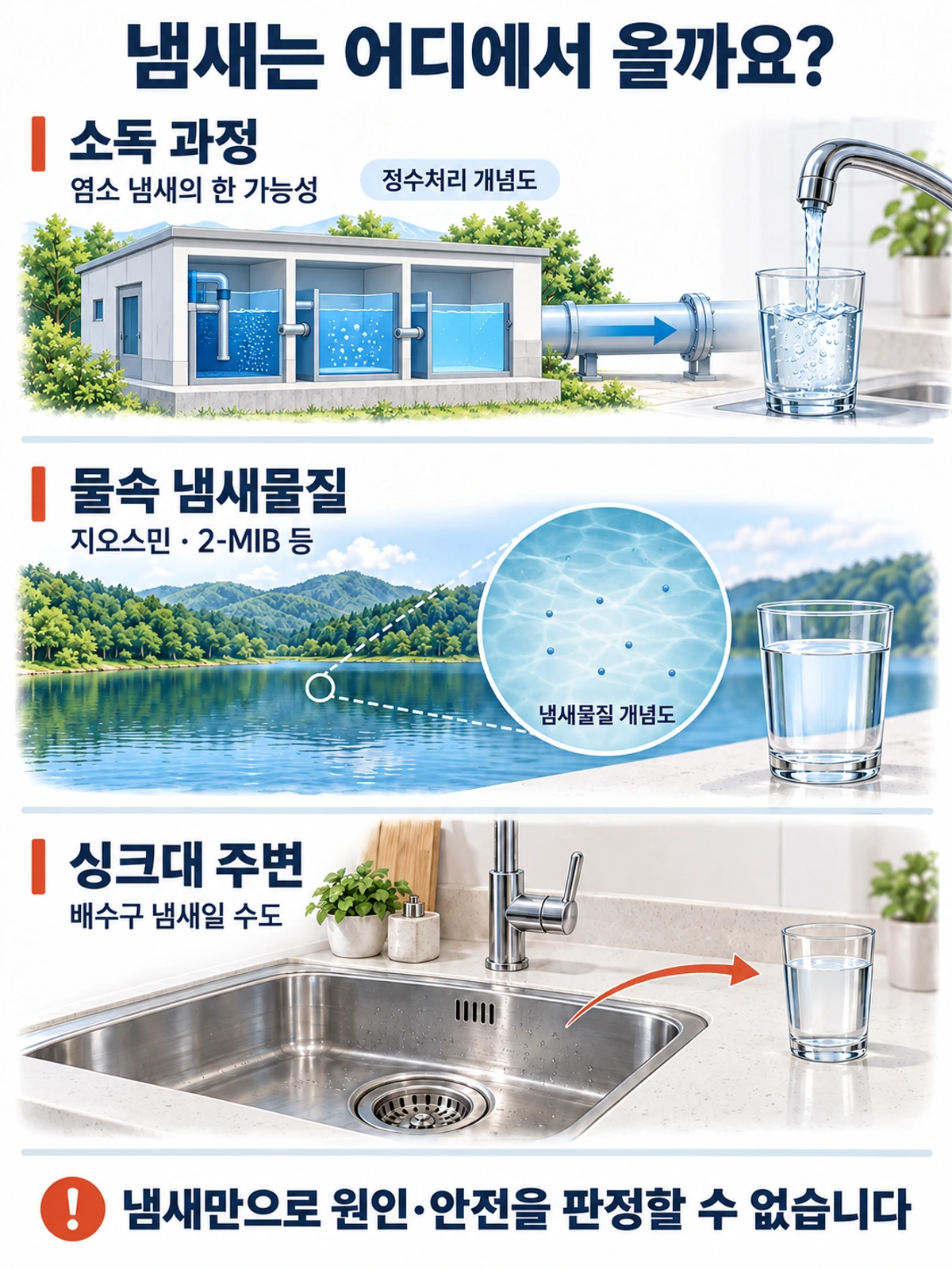 수돗물 냄새 원인을 소독 과정, 물속 냄새물질, 배수구 주변으로 구분한 개념도