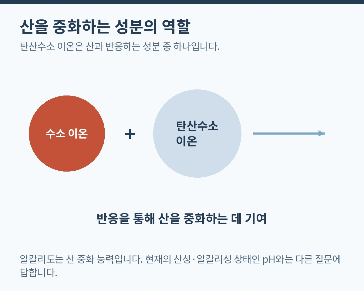 산을 중화하는 성분의 역할. 탄산수소 이온은 산과 반응하는 성분 중 하나입니다.