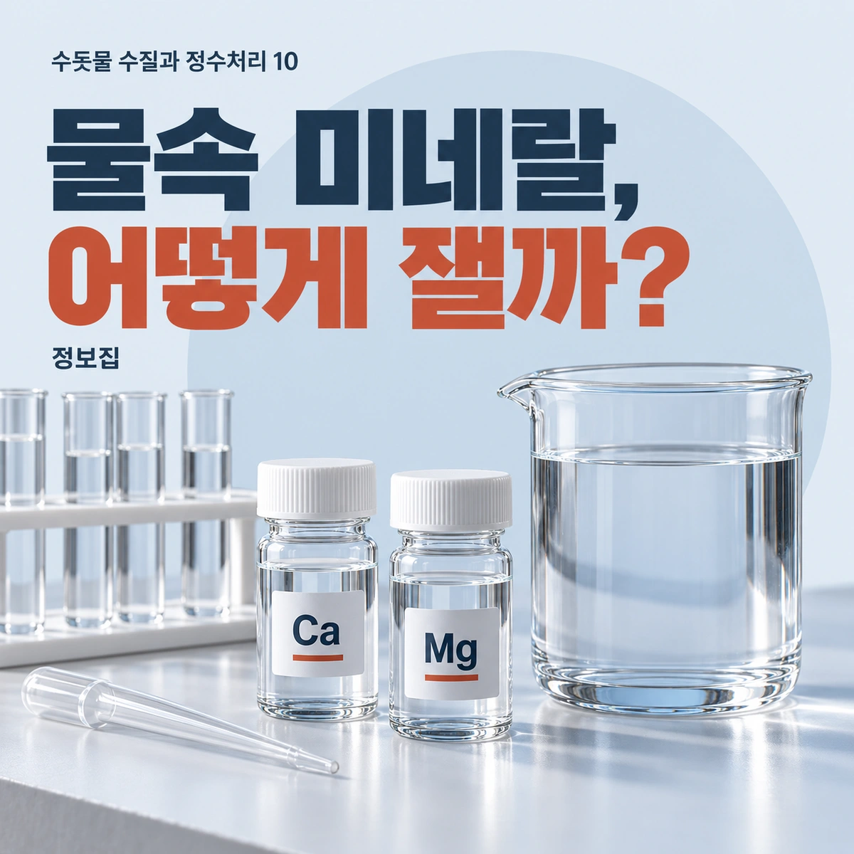물속 미네랄, 어떻게 잴까?를 주제로 한 개념 일러스트. TDS 표시값 하나가 성분 분석표를 대신하지 않습니다.