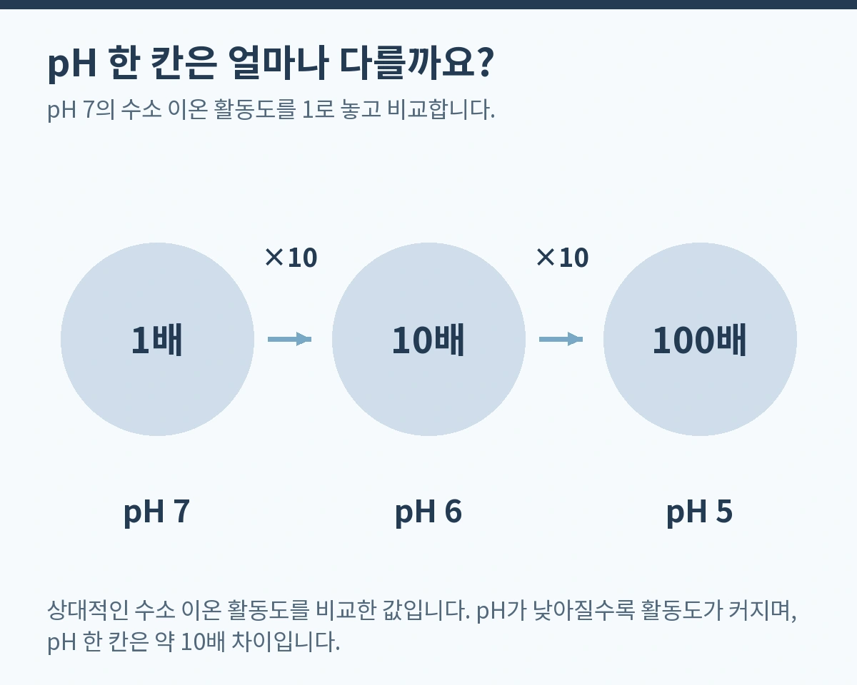 pH 한 칸은 얼마나 다를까요?. pH 7의 수소 이온 활동도를 1로 놓고 비교합니다.