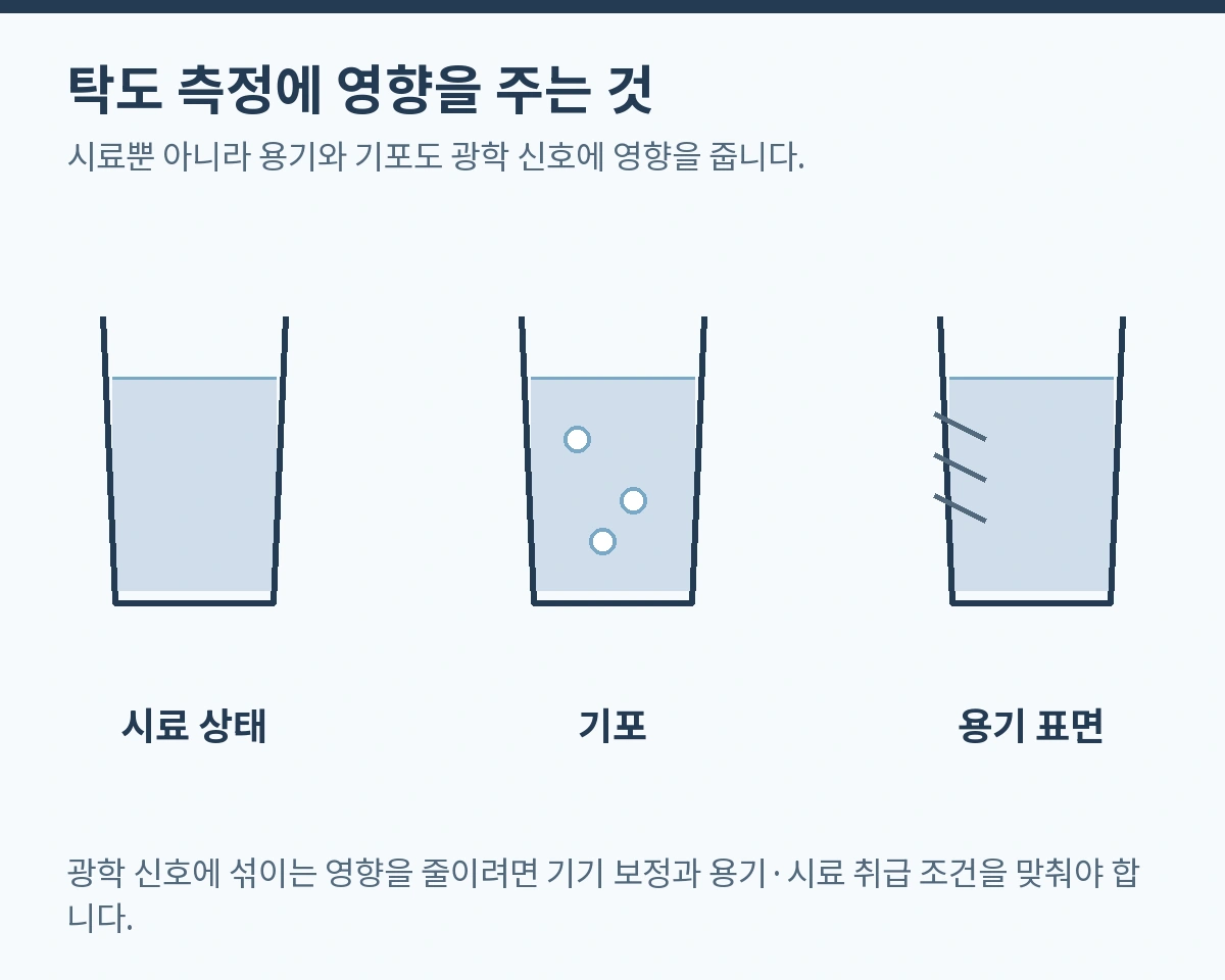 탁도 측정에 영향을 주는 것. 시료뿐 아니라 용기와 기포도 광학 신호에 영향을 줍니다.